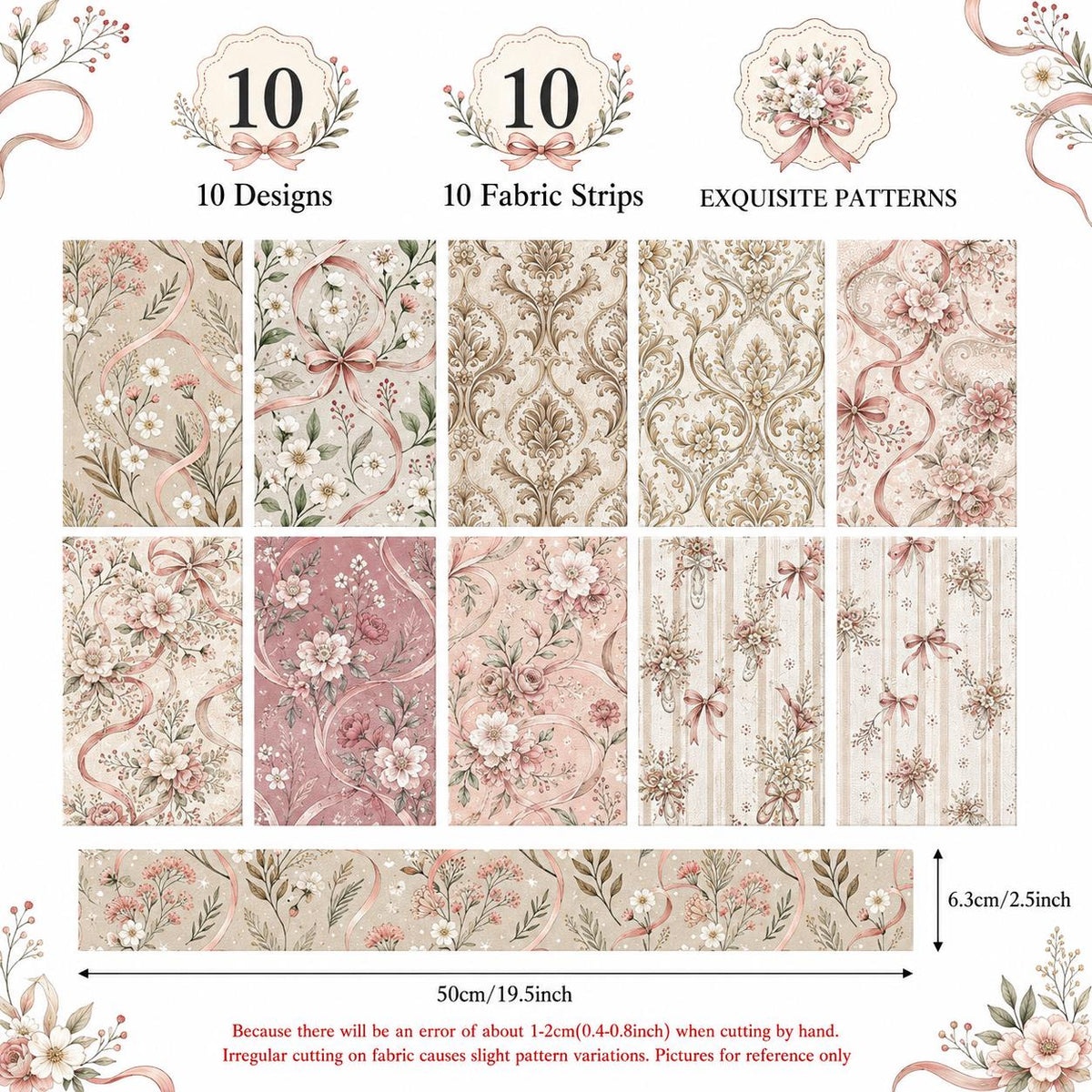 10pcs Vintage Floral Pattern Jelly Roll Fabric Strips 2.5X19.7inch Pre-Cut 100% Polyester For Patchwork Quilts, Table Runners, Placemats, Tote Bags, Storage Pouches, Makeup Bags, Coasters, Quilt Blocks & Binding
