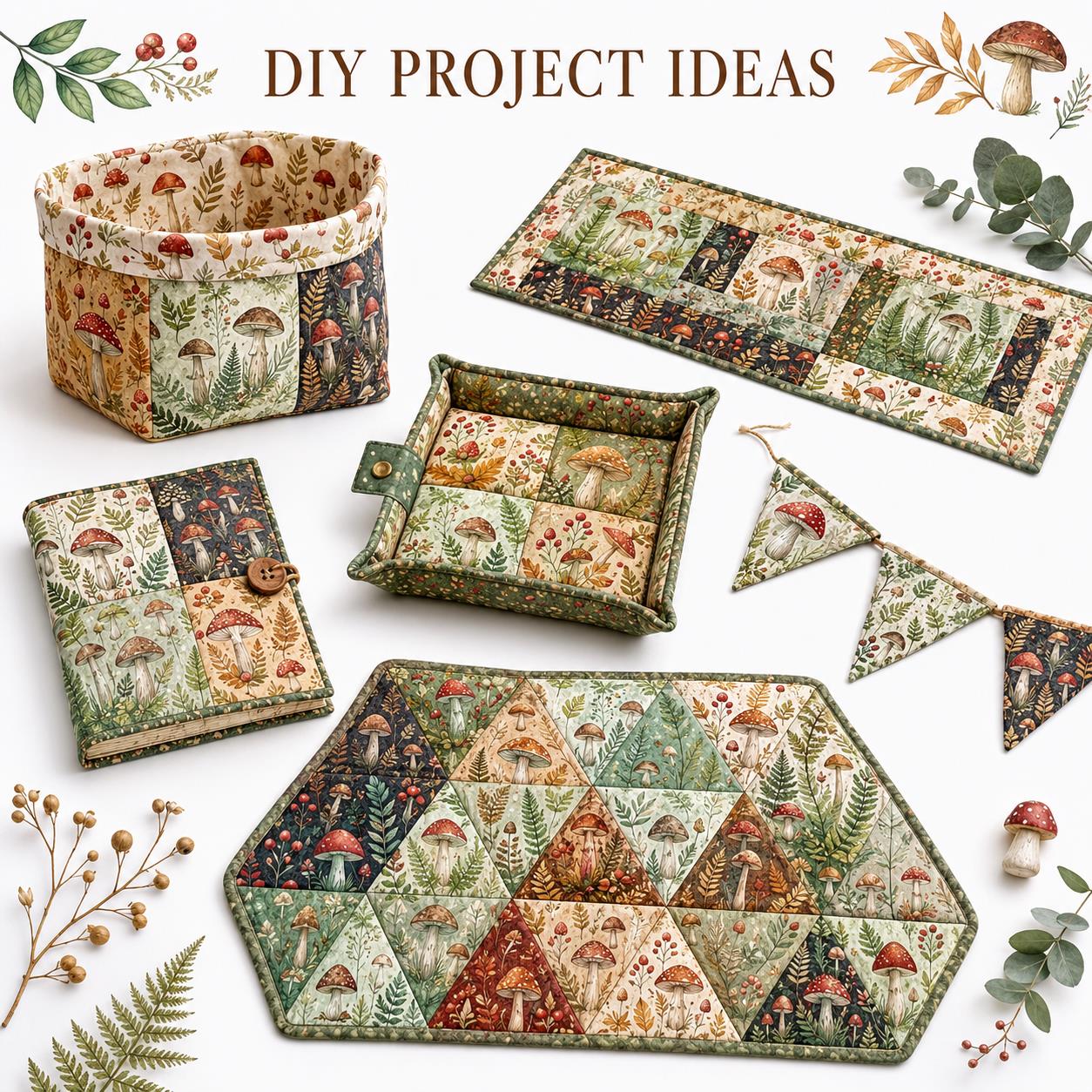 10pcs Charm Pack Set Mushroom Pattern Vintage Style Pattern Handmade DIY with Rich Color and Texture Elements 100% Polyester Patchwork in 10 Design Styles Suitable for Patchwork DIY Craft Projects DIY Wallet Making Gift Giving Bag Making