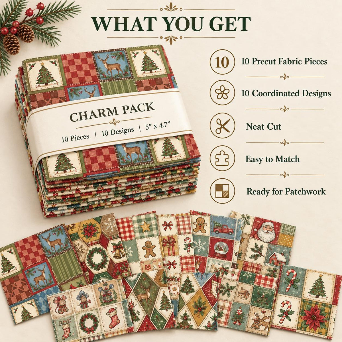 10Pc/Set Christmas Series Bowknot Flower Bell Star Plaid Deer Tree Mouse Holly House Pinecones Northern Cardinal Fat Quarter Fabric, Pre-Cut Square Fabric Assort, Fabric Set, Craft Fabric, Handmade DIY Patchwork Fabric,Home Quilting Sewing Fabric, Packagi