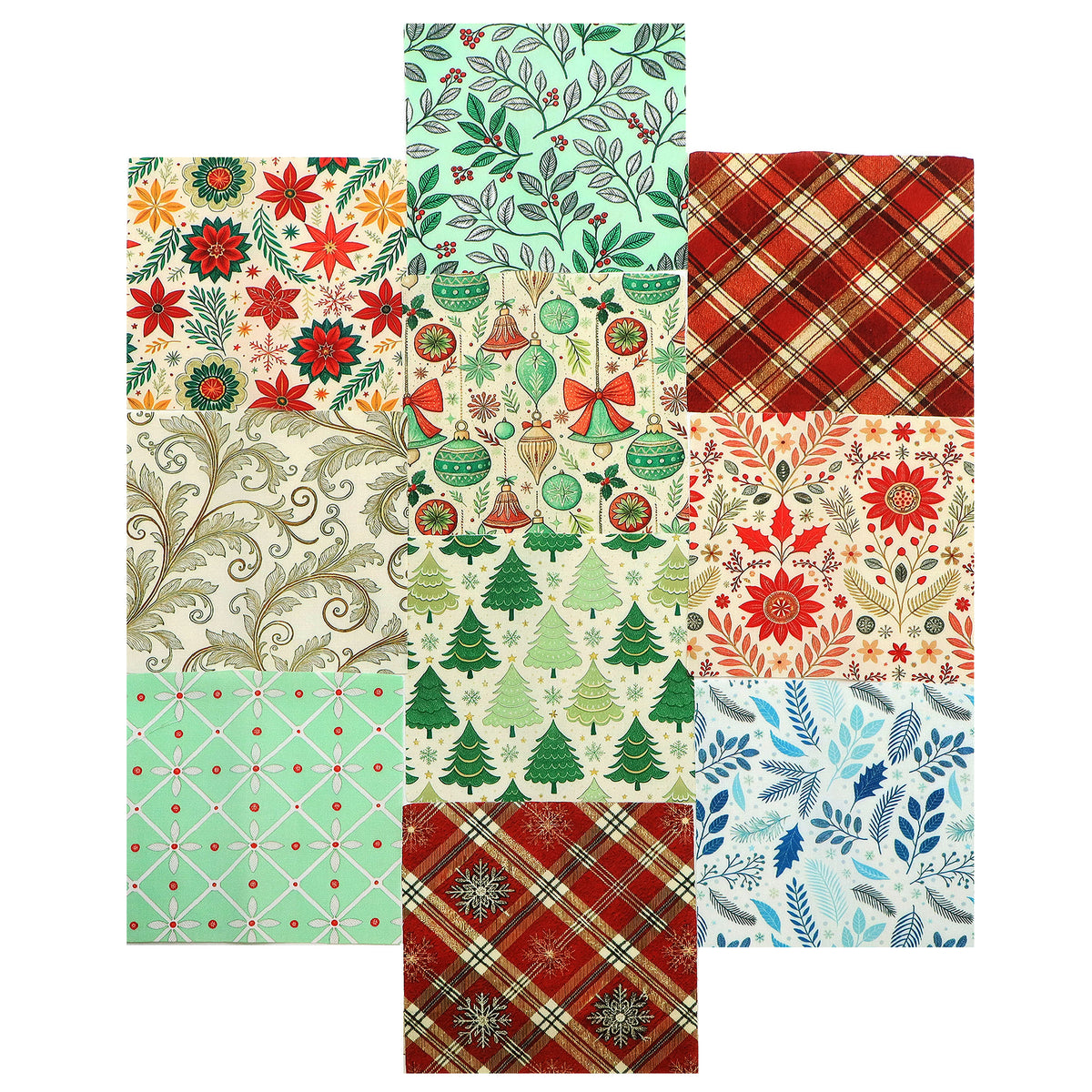 10Pc/Set Christmas Flower Series Plaid Tree Bell Fat Quarter Fabric, Pre-Cut Square Fabric Assort, Fabric Set, Craft Fabric, Handmade DIY Patchwork Fabric,Home Quilting Sewing Fabric, Packaging Fabric, Scrapbooking Craft Hobbyist