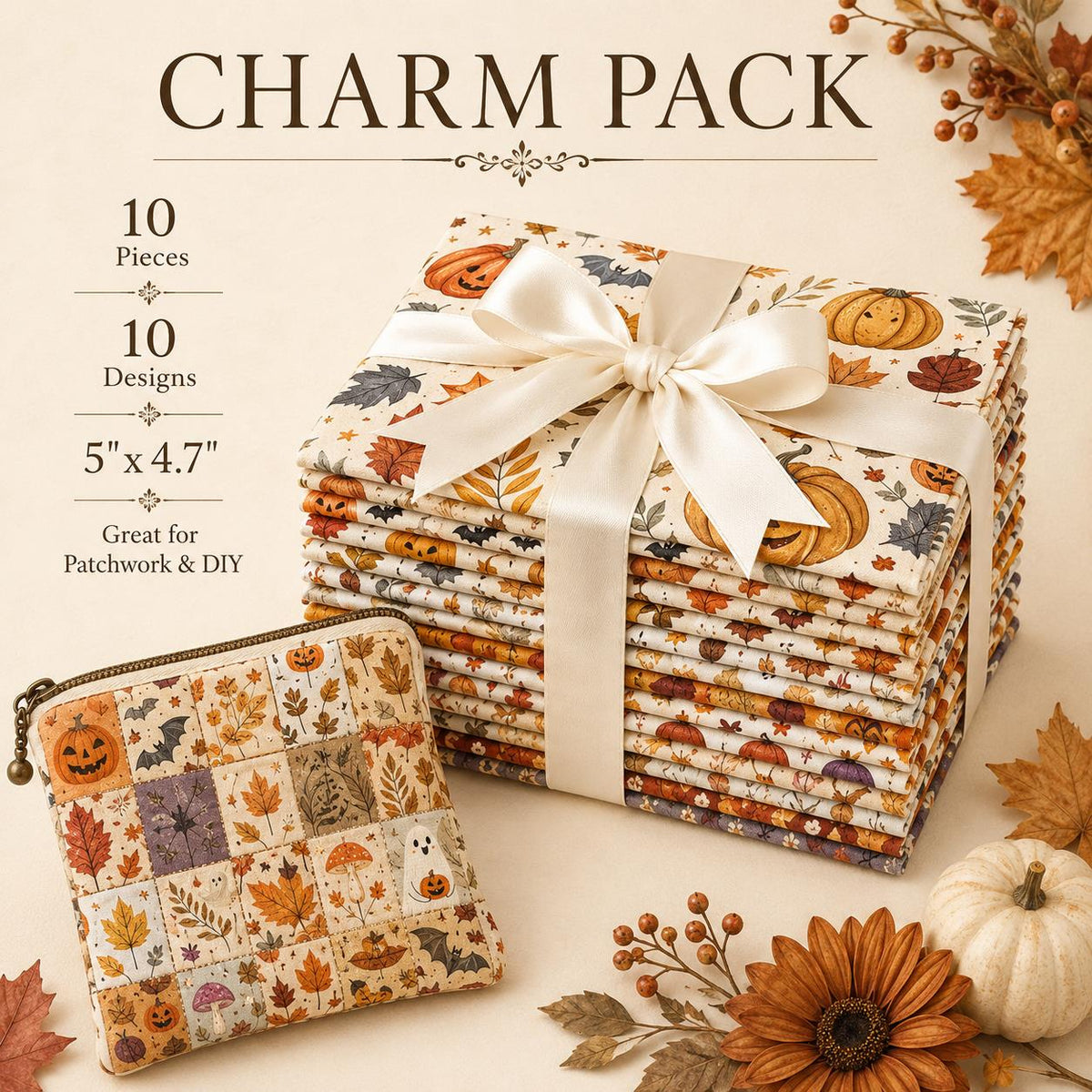 10Pc/Set Halloween Autumn Series Skull Pumpkin Mushroom Maple Leaf Bat Fat Quarter Fabric, Pre-Cut Square Fabric Assort, Fabric Set, Craft Fabric, Handmade DIY Patchwork Fabric,Home Quilting Sewing Fabric, Packaging Fabric, Scrapbooking Craft Hobbyist