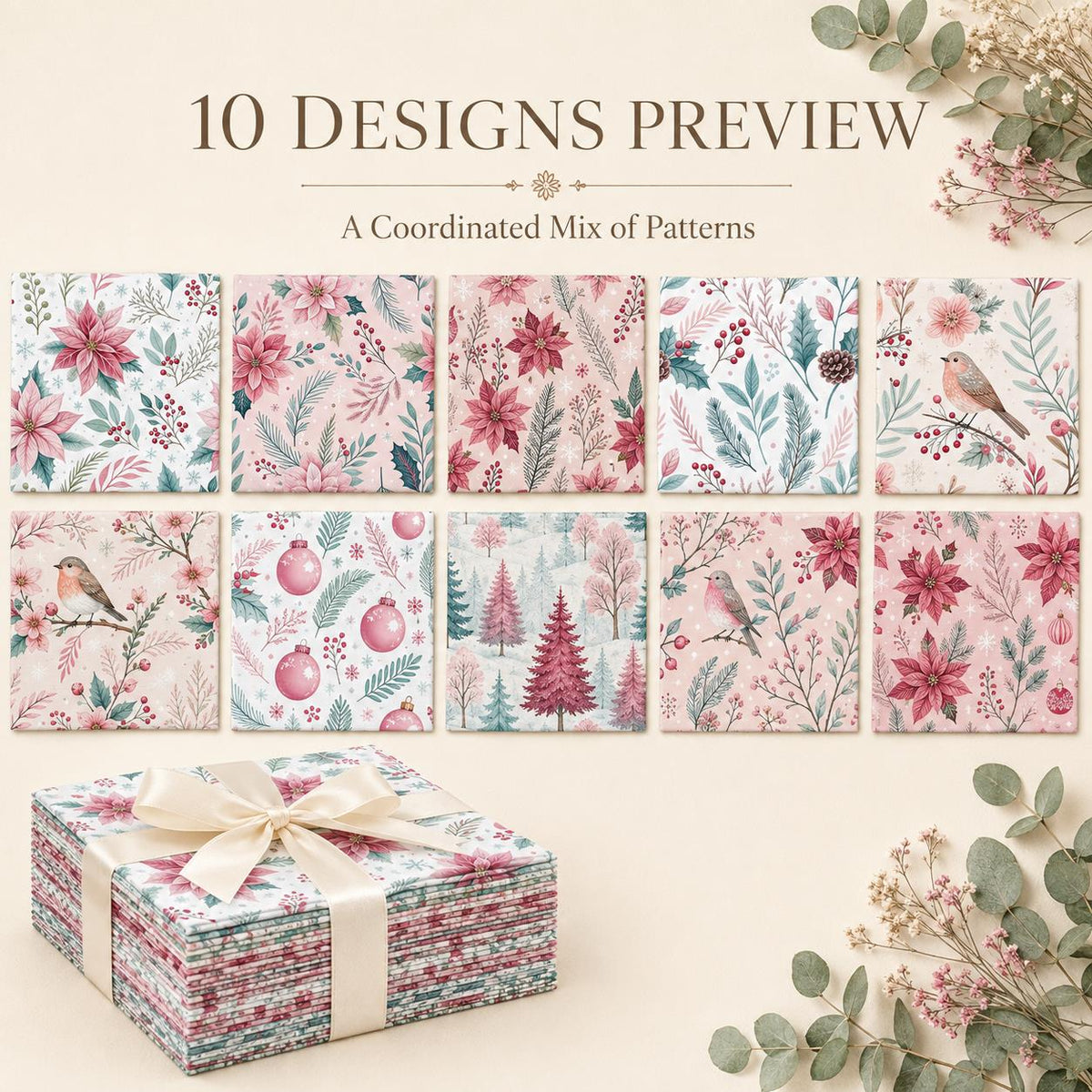 10Pc/Set Christmas Series Bird Flower Holly Pinecones Fat Quarter Fabric, Pre-Cut Square Fabric Assort, Fabric Set, Craft Fabric, Handmade DIY Patchwork Fabric,Home Quilting Sewing Fabric, Packaging Fabric, Scrapbooking Craft Hobbyist