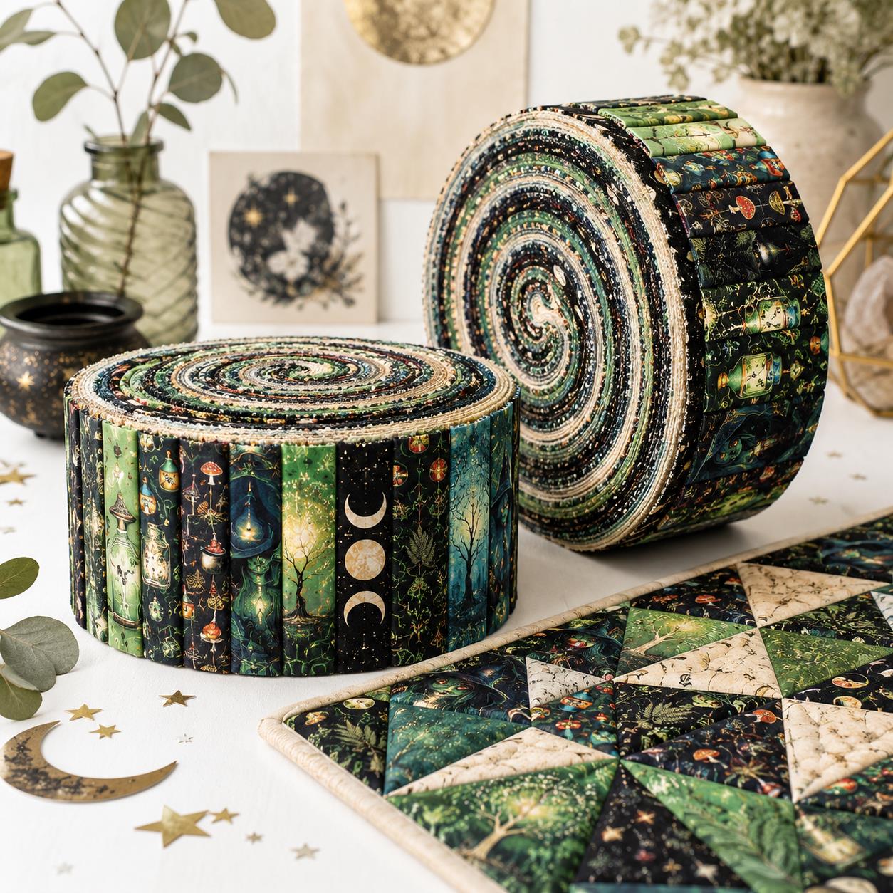 10pcs Vintage Wishing Bottle Skull Dark Pattern Jelly Roll Fabric Strips 2.5X19.7inch Pre-cut 100% Polyester for Patchwork Quilts, Table Runners, Placemats, Tote Bags, Storage Pouches, Makeup Bags, Coasters, Quilt Blocks & Binding Halloween Gift
