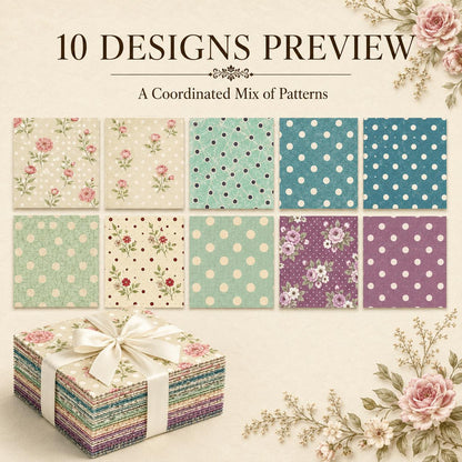 10pcs Charm Pack Set Floral Dot Pattern Vintage Style Handmade DIY with Rich Color and Texture Elements 100% Polyester Patchwork in 10 Design Styles Suitable for Patchwork DIY Craft Projects DIY Wallet Making Gift Giving Bag Making Mother's Day Gift