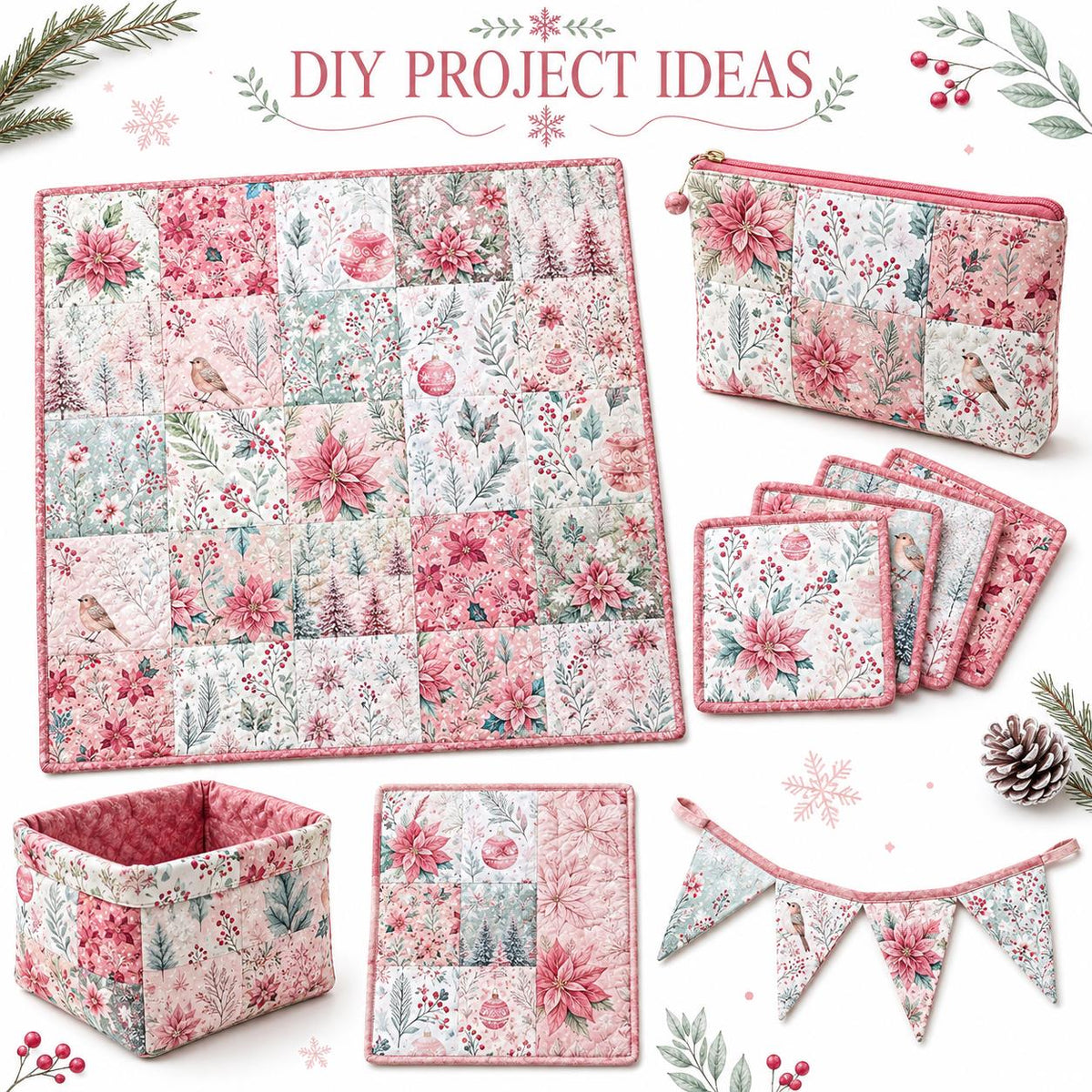 10Pc/Set Christmas Series Bird Flower Holly Pinecones Fat Quarter Fabric, Pre-Cut Square Fabric Assort, Fabric Set, Craft Fabric, Handmade DIY Patchwork Fabric,Home Quilting Sewing Fabric, Packaging Fabric, Scrapbooking Craft Hobbyist