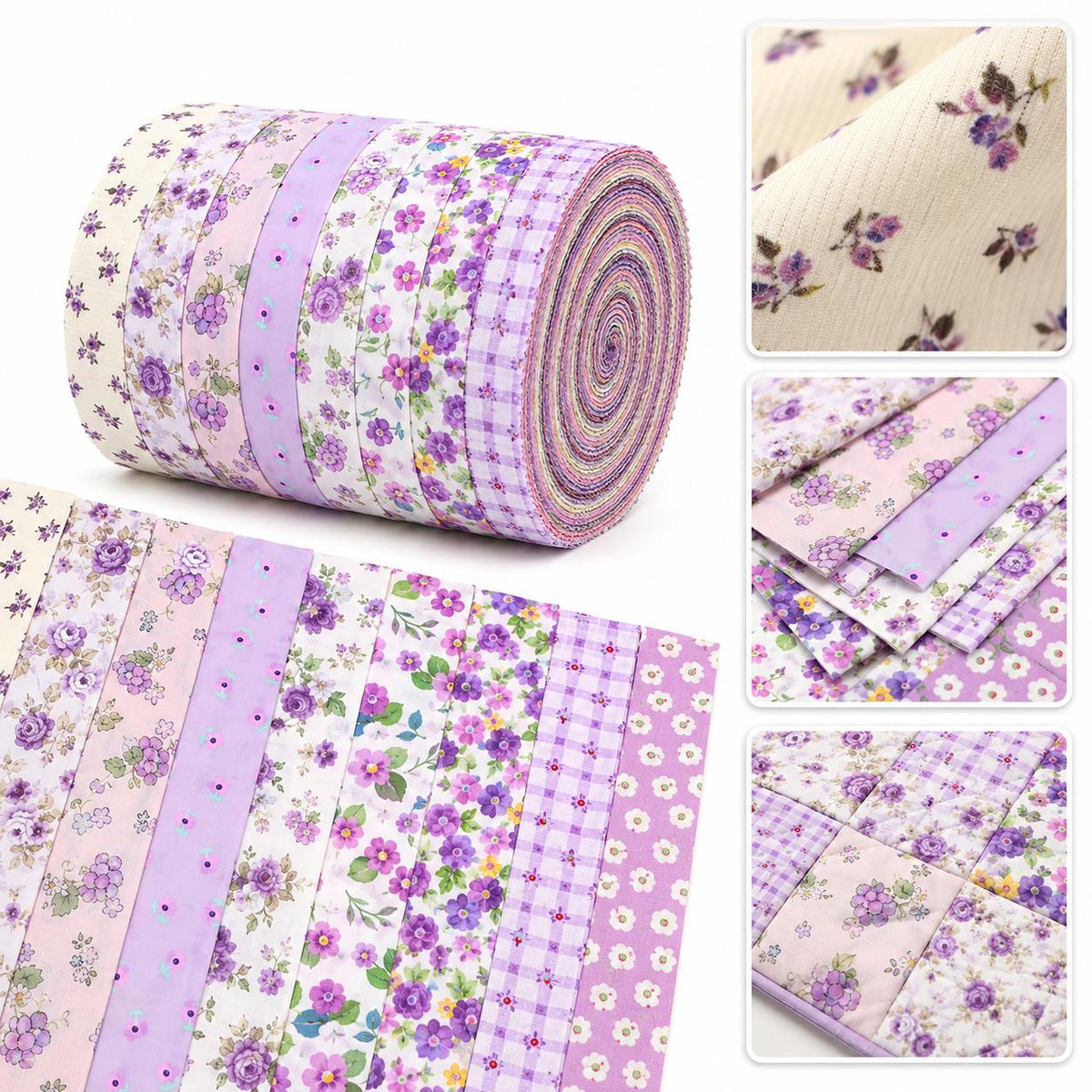 10pcs Vintage Floral Purple Pattern Jelly Roll Fabric Strips 2.5X19.7inch Pre-cut 100% Polyester for Patchwork Quilts, Table Runners, Placemats, Tote Bags, Storage Pouches, Makeup Bags, Coasters, Quilt Blocks & Binding Multi-color