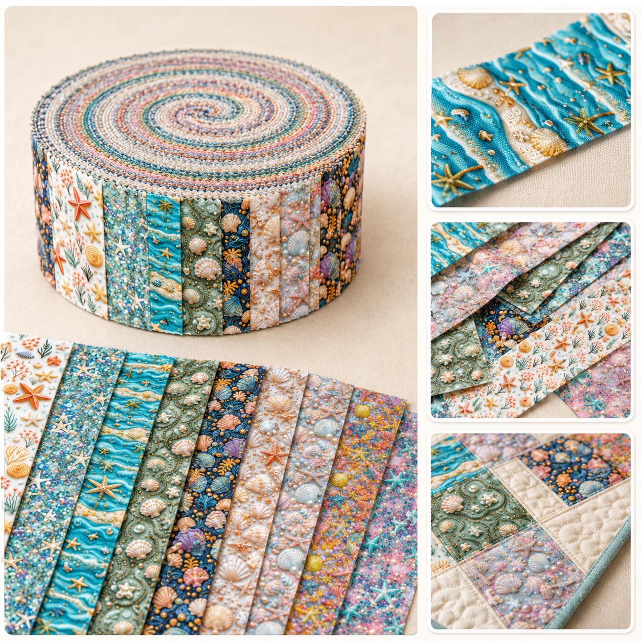 10Pc/Set, Making 10 Images 1pc Each, Each Size: 6.3*50cm 2D Flat Starfish Shell Pearl Sea Series Sliced Fabric Set Style Combination, Polyester Jelly Roll Fabric Strips, Pre-Cut Quilting Squares, For Quilting DIY, Handicrafts And Sewing, Blankets, Rugs