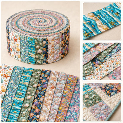 10Pc/Set, Making 10 Images 1pc Each, Each Size: 6.3*50cm 2D Flat Starfish Shell Pearl Sea Series Sliced Fabric Set Style Combination, Polyester Jelly Roll Fabric Strips, Pre-Cut Quilting Squares, For Quilting DIY, Handicrafts And Sewing, Blankets, Rugs