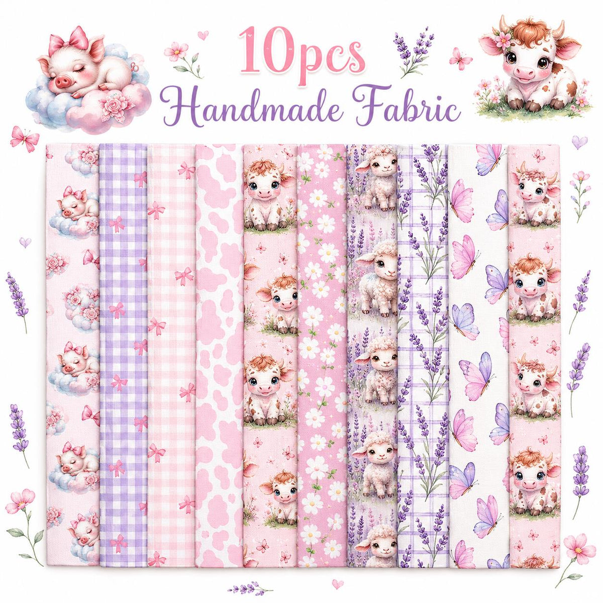 10pcs Vintage Lavender Cow Butterfly Pattern Jelly Roll Fabric Strips 2.5X19.7inch Pre-Cut 100% Polyester For Patchwork Quilts, Table Runners, Placemats, Tote Bags, Storage Pouches, Makeup Bags, Coasters, Quilt Blocks & Binding Multi-Color