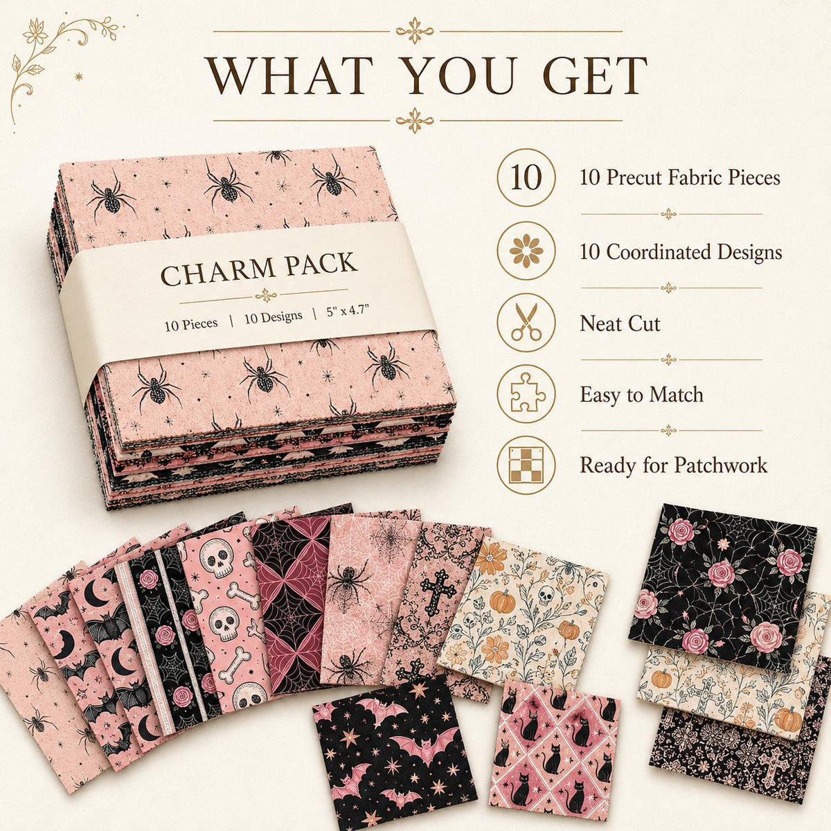 10pcs Charm Pack Set Bat Pumpkin Skull Halloween Vintage Style Pattern Handmade DIY with Rich Color and Texture Elements 100% Polyester Patchwork in 10 Design Styles Suitable for Patchwork DIY Craft Projects DIY Wallet Making Gift Giving Bag Making
