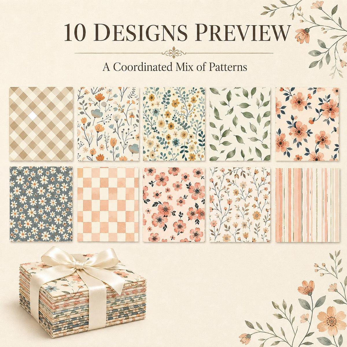 10Pc/Set Flower Series Stripe Plaid Fat Quarter Fabric, Pre-Cut Square Fabric Assort, Fabric Set, Craft Fabric, Handmade DIY Patchwork Fabric,Home Quilting Sewing Fabric, Packaging Fabric, Scrapbooking Craft Hobbyist