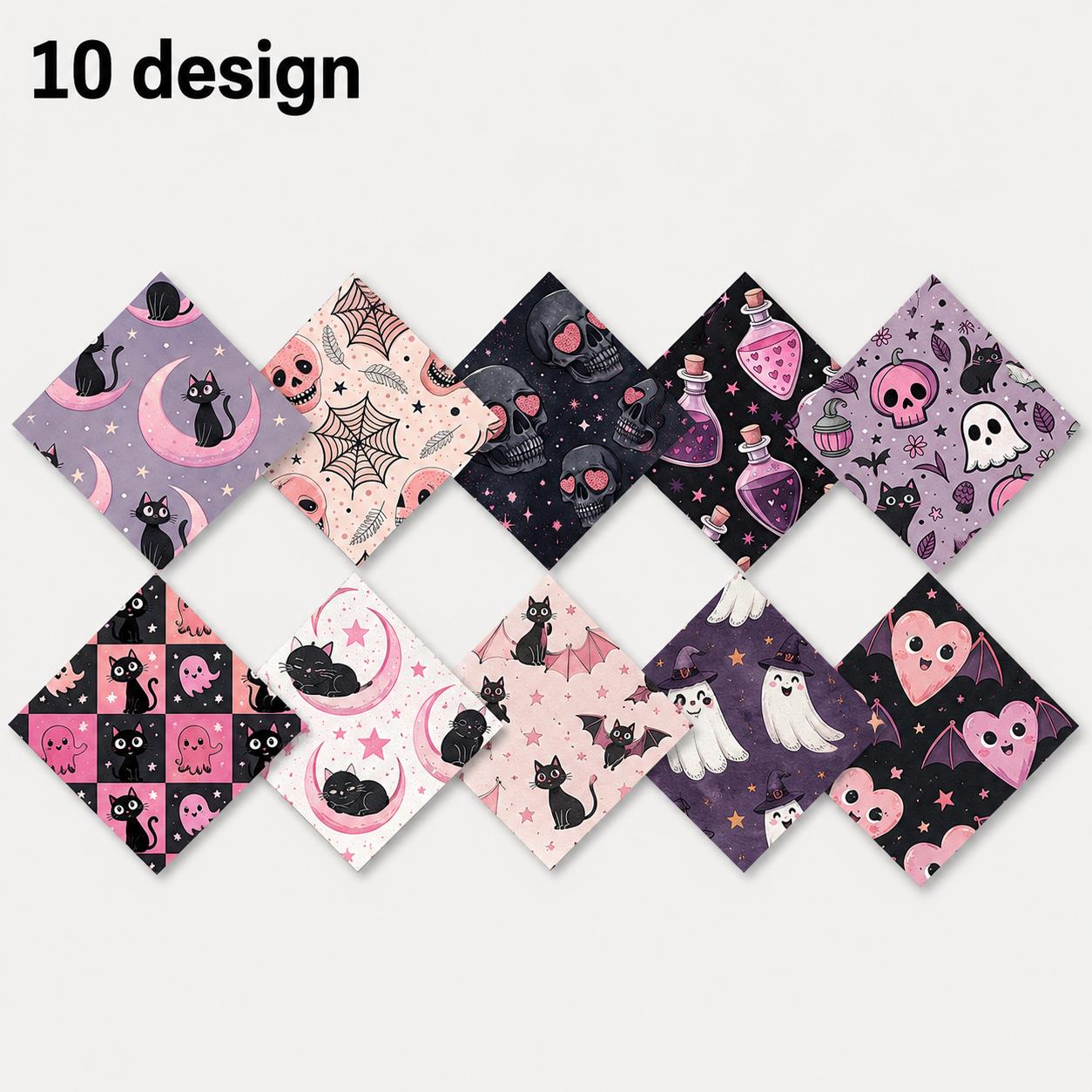 10pcs Charm Pack Set  Bat Ghost Skull Halloween Vintage Style Pattern Handmade DIY with Rich Color and Texture Elements 100% Polyester Patchwork in 10 Design Styles Suitable for Patchwork DIY Craft Projects DIY Wallet Making Gift Giving Bag Making