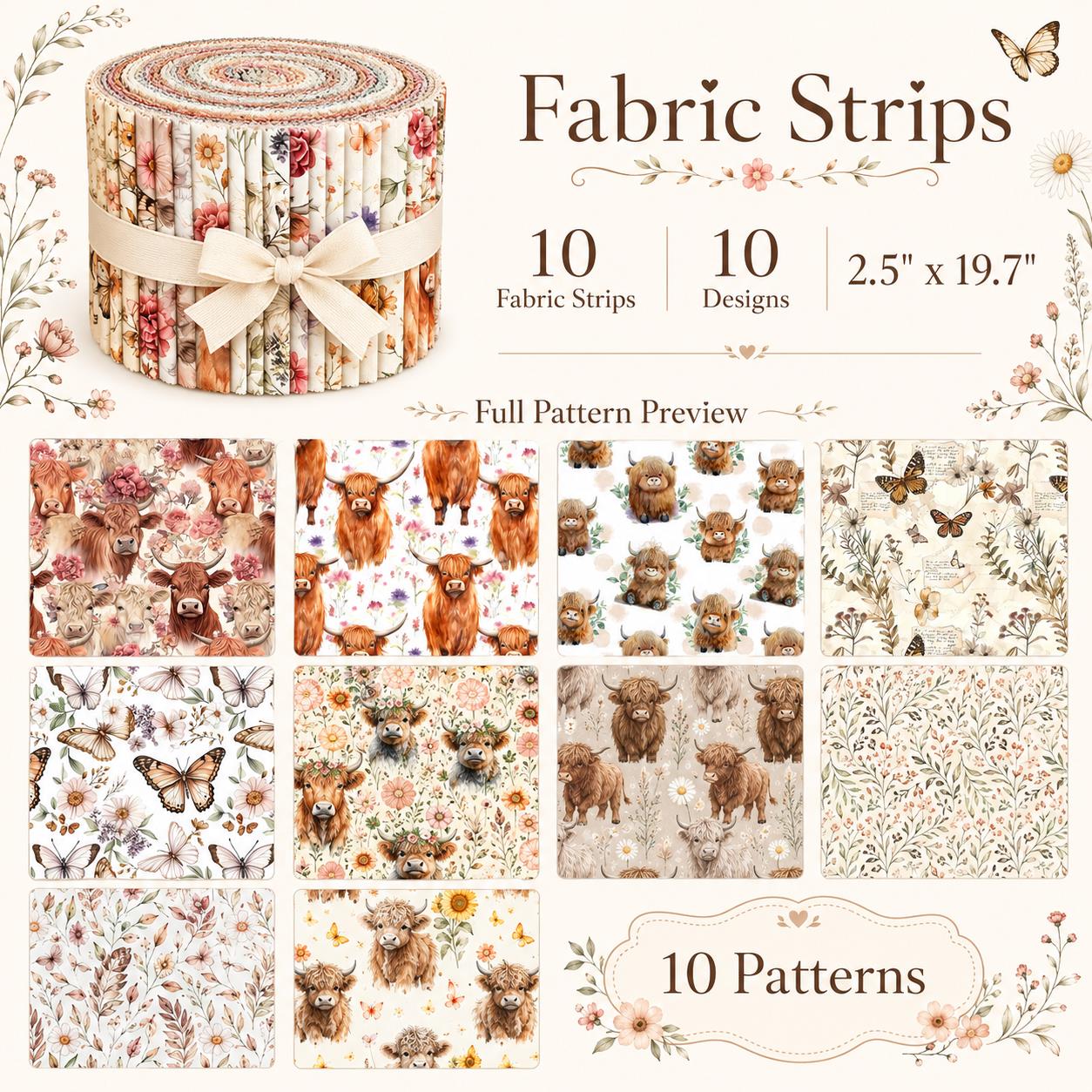 10Pc/Set, Making 10 Images 1pc Each, Each Size: 6.3*50cm Floral Butterfly Cow Series Sliced Fabric Set Style Combination, Polyester Jelly Roll Fabric Strips, Pre-Cut Quilting Squares, For Quilting DIY, Handicrafts And Sewing, Blankets, Rugs