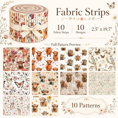 10Pc/Set, Making 10 Images 1pc Each, Each Size: 6.3*50cm Floral Butterfly Cow Series Sliced Fabric Set Style Combination, Polyester Jelly Roll Fabric Strips, Pre-Cut Quilting Squares, For Quilting DIY, Handicrafts And Sewing, Blankets, Rugs
