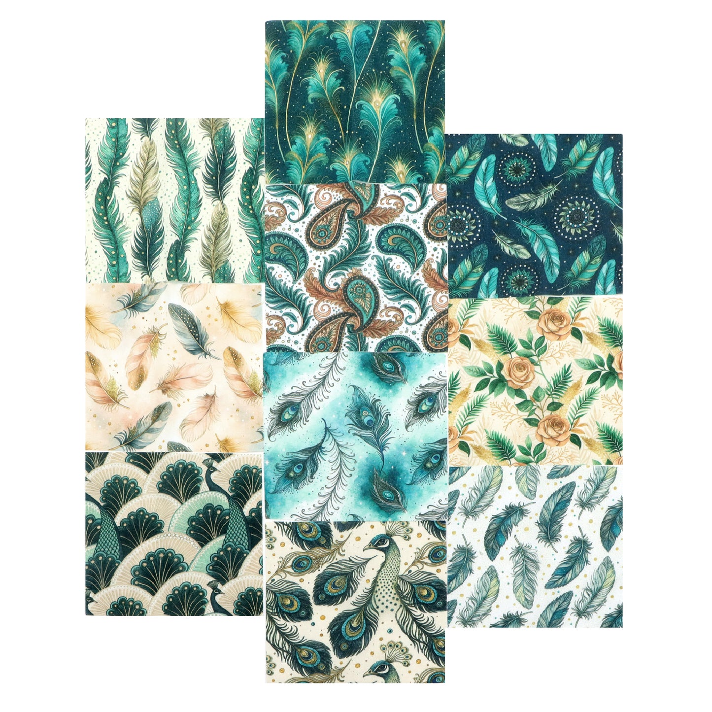 10pcs Charm Pack Set Peacock Feathers VIntage Style Pattern HAndmade DIY With Rich Color and Texture Elements 100% Polyester Patchwork in 10 Design Styles Suitable For Patchwork DIY Craft Projects DIY Wallet Making Gift Giving Bag Making Mother's Day Gift
