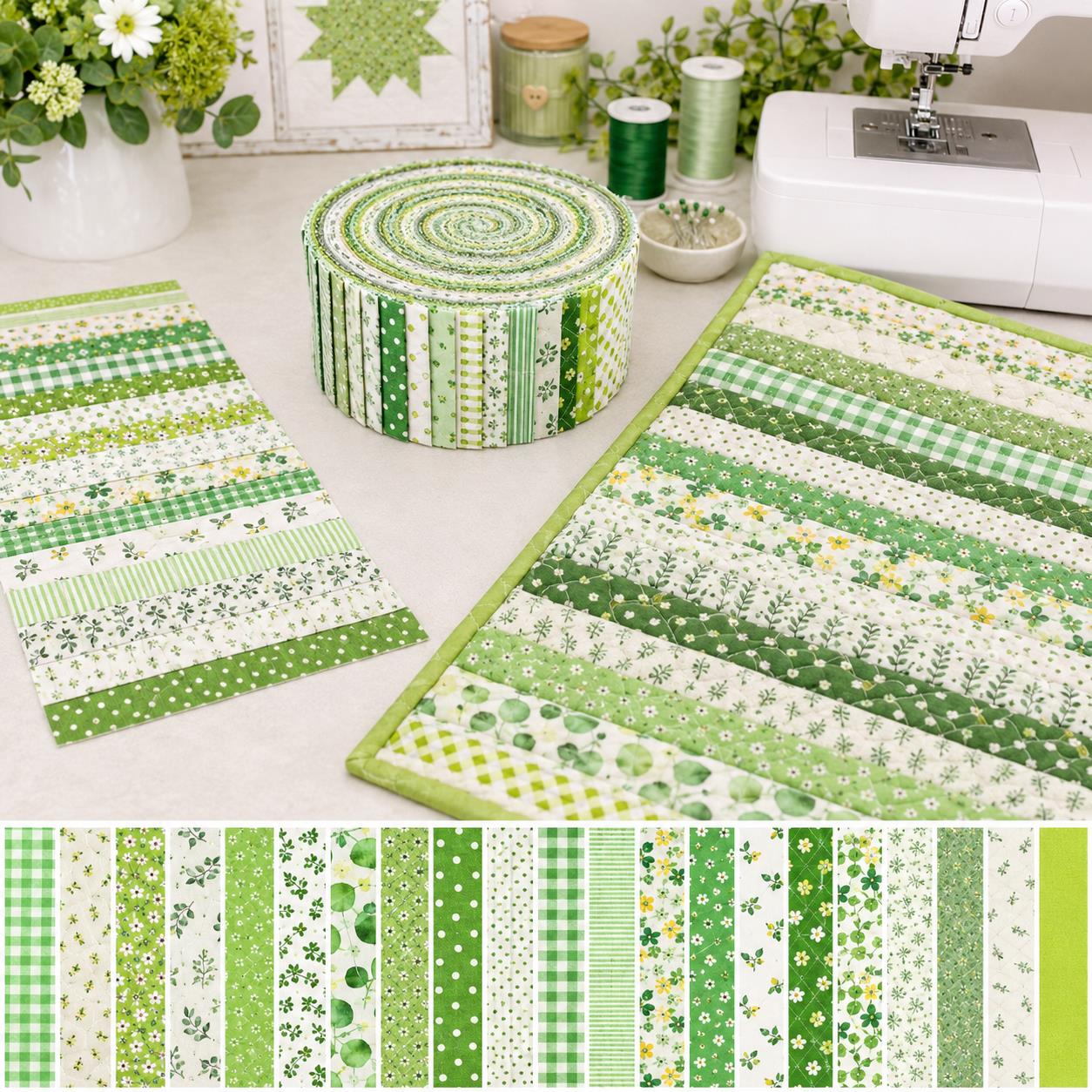 20pcs Vintage Plaid Dot Floral Green Series Jelly Roll Fabric Strips 2.5X19.7inch Delicate Printed Multi-Color 100% Polyester for DIY Handmade Patchwork, Table Runners, Placemats, Tote Bags, Storage Pouches, Makeup Bags, Coasters, Quilt Blocks
