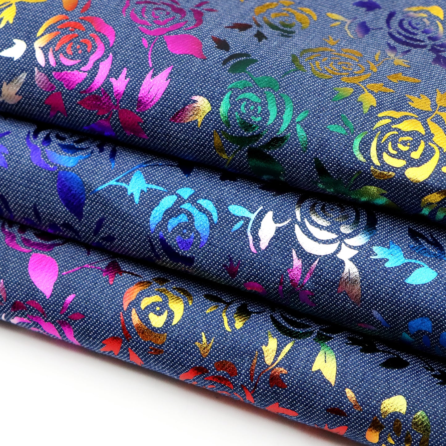 1pc Rainbow Foil Rose Flower Denim Fabric, 59x19.68inch Pre-Cut 100% Polyester, Vibrant Rose Design for DIY Crafts, Bags, Sewing Projects & Hats, Hand Wash Only, Sewing Supplies, Craft Fabric | Vintage Style Fabric | Durable Fabric, Denim Fabric