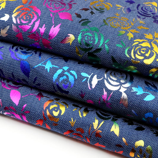 1pc Rainbow Foil Rose Flower Denim Fabric, 59x19.68inch Pre-Cut 100% Polyester, Vibrant Rose Design for DIY Crafts, Bags, Sewing Projects & Hats, Hand Wash Only, Sewing Supplies, Craft Fabric | Vintage Style Fabric | Durable Fabric, Denim Fabric
