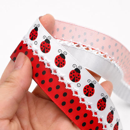 5 Yards Ladybug Dots Pattern Ribbon, Width 32mm/1.26-Inch, Two Ribbon Equipped with White Center Hook Edge, Ideal for Showcasing Jewelry And Wrapping Gifts, Creating Bows, Holiday Decorations
