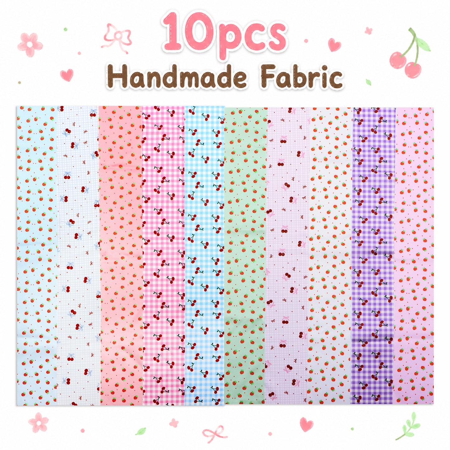10Pc/Set, Making 10 Images 1pc Each, Each Size: 6.3*50cm Cherry Strawberry Fruit Series Sliced Fabric Set Style Combination, Polyester Jelly Roll Fabric Strips, Pre-Cut Quilting Squares, For Quilting DIY, Handicrafts And Sewing, Blankets, Rugs