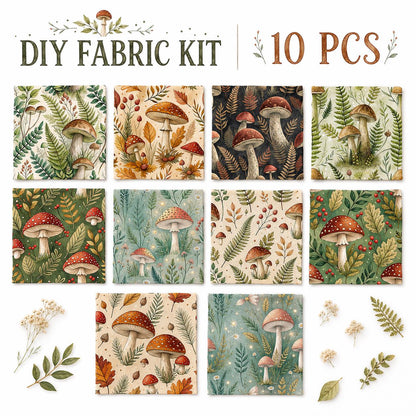 10pcs Charm Pack Set Mushroom Pattern Vintage Style Pattern Handmade DIY with Rich Color and Texture Elements 100% Polyester Patchwork in 10 Design Styles Suitable for Patchwork DIY Craft Projects DIY Wallet Making Gift Giving Bag Making
