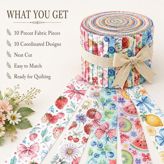 10pcs Vintage Strawberry Fruit Watermelon Pattern Purple Jelly Roll Fabric Strips 2.5X19.7inch Pre-cut 100% Polyester for Patchwork Quilts, Table Runners, Placemats, Tote Bags, Storage Pouches, Makeup Bags, Coasters, Quilt Blocks & Binding