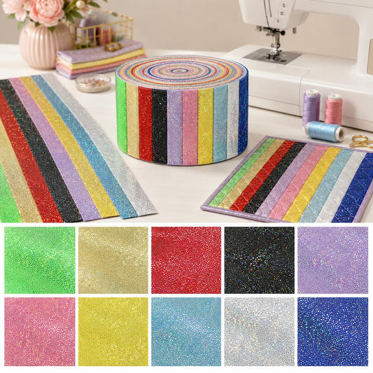 10pcs/Set, Making 10 Images 1pc Each, Each Size: 2.48*19.69inch Plain Muti-color Laser Pattern Sliced Fabric Set Style Combination, Polyester Jelly Roll Fabric Strips, Pre-Cut Quilting Squares, for Quilting DIY, Handicrafts And Sewing, Blankets, Rugs