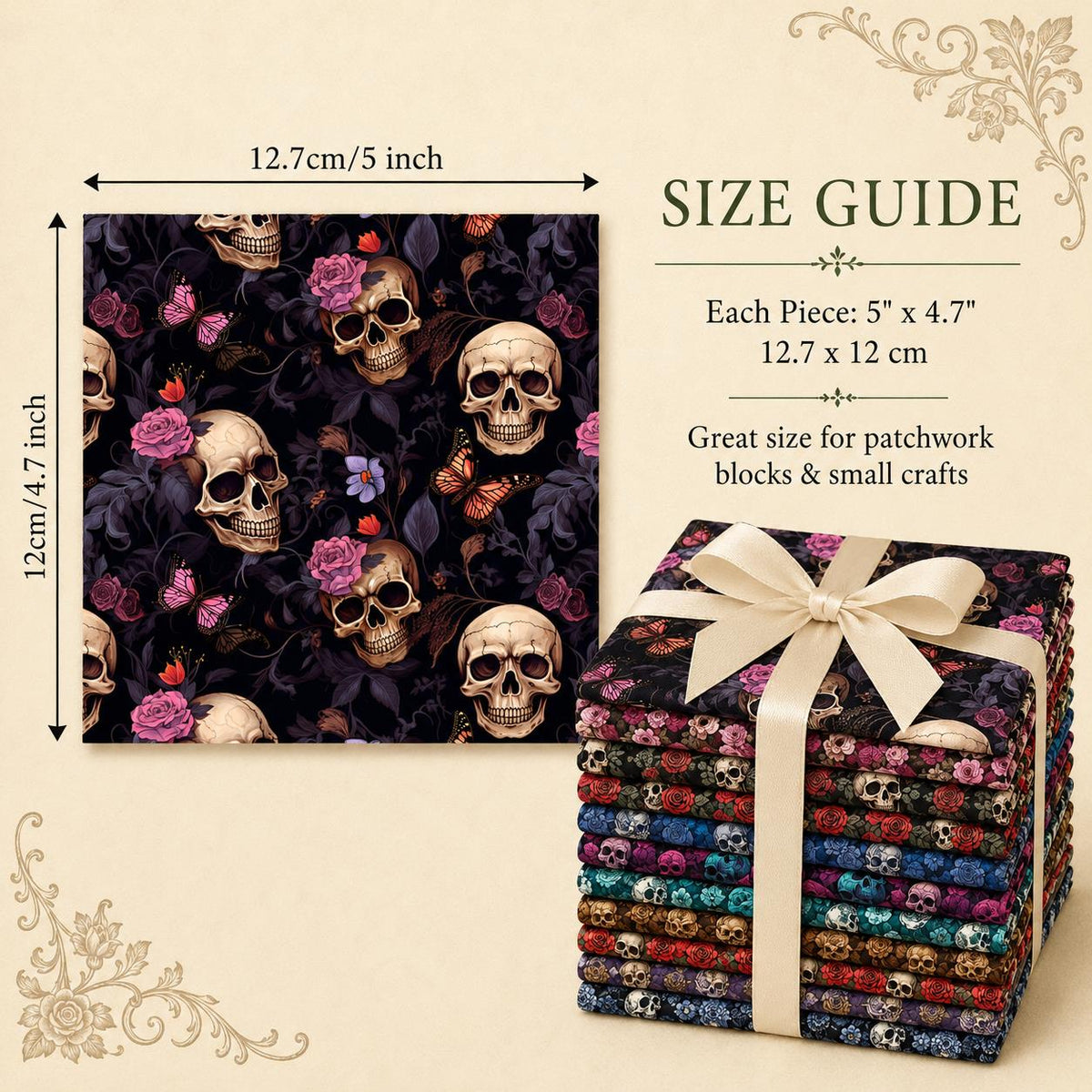 10pcs Charm Pack Set Skull Black Halloween Vintage Style Pattern Handmade DIY with Rich Color and Texture Elements 100% Polyester Patchwork in 10 Design Styles Suitable for Patchwork DIY Craft Projects DIY Wallet Making Gift Giving Bag Making Mother's Day