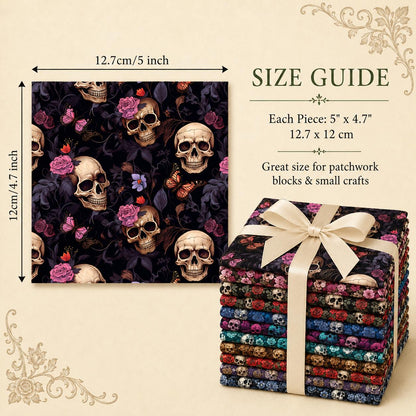 10pcs Charm Pack Set Skull Black Halloween Vintage Style Pattern Handmade DIY with Rich Color and Texture Elements 100% Polyester Patchwork in 10 Design Styles Suitable for Patchwork DIY Craft Projects DIY Wallet Making Gift Giving Bag Making Mother's Day