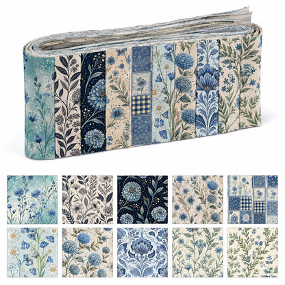 10pcs Vintage Blue Hydrangea Floral Pattern Jelly Roll Fabric Strips 2.5X19.7inch Pre-Cut 100% Polyester For Patchwork Quilts, Table Runners, Placemats, Tote Bags, Storage Pouches, Makeup Bags, Coasters, Quilt Blocks & Binding