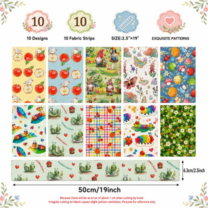 10Pc/Set, Making 10 Images 1pc Each, Each Size: 6.3*50cm Floral Apple Caterpillar Series Sliced Fabric Set Style Combination, Polyester Jelly Roll Fabric Strips, Pre-Cut Quilting Squares, For Quilting DIY, Handicrafts And Sewing, Blankets, Rugs