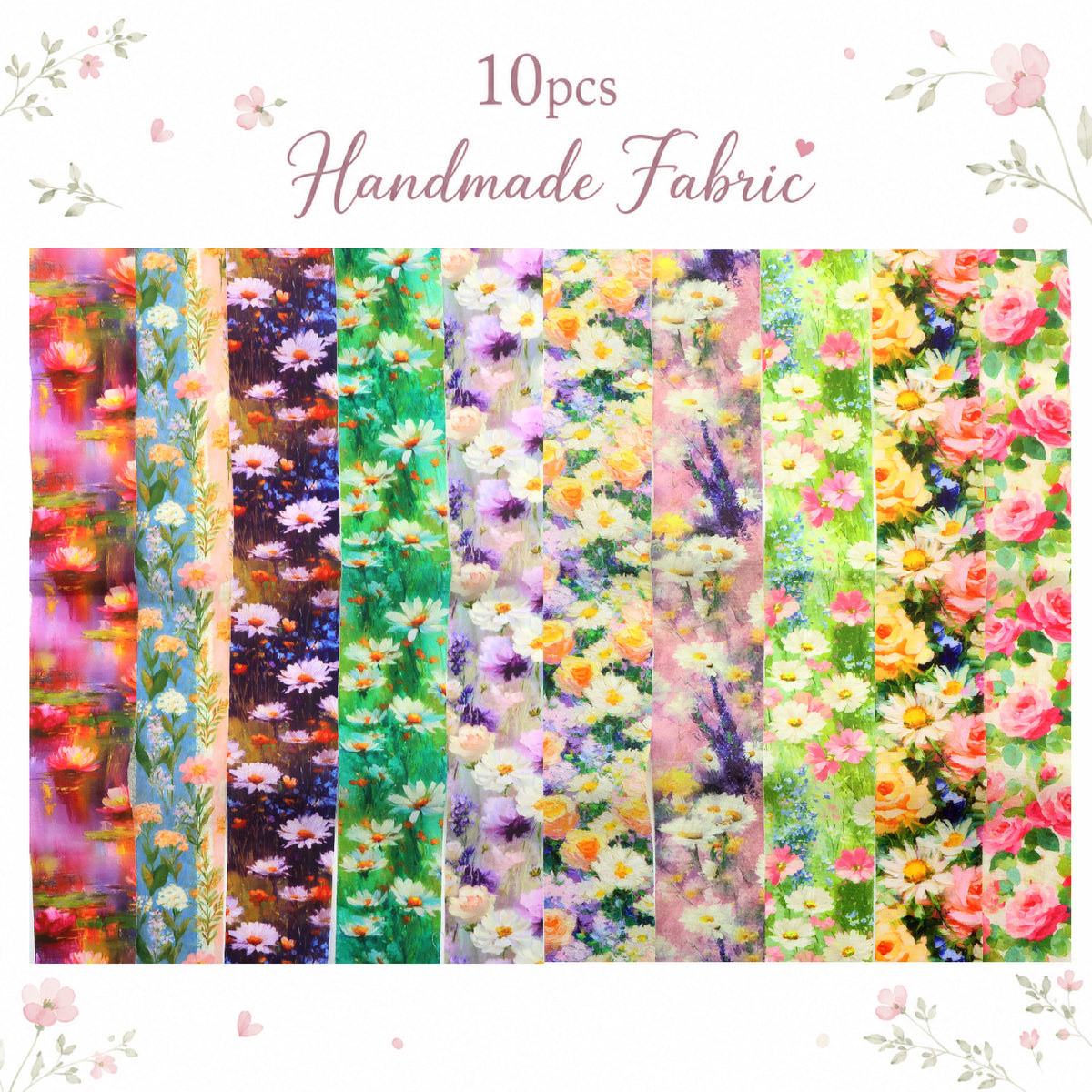 10pcs Vintage Floral Painting Pattern Jelly Roll Fabric Strips 2.5X19.7inch Pre-cut 100% Polyester for Patchwork Quilts, Table Runners, Placemats, Tote Bags, Storage Pouches, Makeup Bags, Coasters, Quilt Blocks & Binding Multi-color