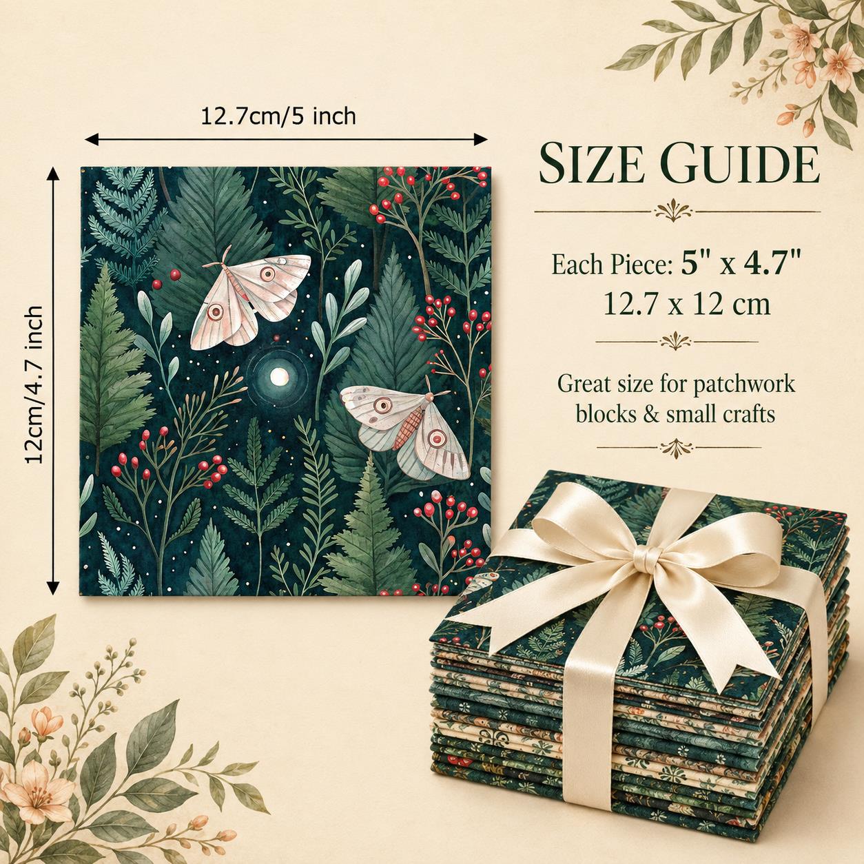 10pcs Charm Pack Set Green Holly Christmas Pattern Vintage Style Pattern Handmade DIY with Rich Color and Texture Elements 100% Polyester Patchwork in 10 Design Styles Suitable for Patchwork DIY Craft Projects DIY Wallet Making Gift Giving Bag Making Moth