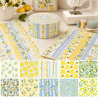 10Pc/Set, Making 10 Images 1pc Each, Each Size: 6.3*50cm Floral Plaid Lemon Series Sliced Fabric Set Style Combination, Polyester Jelly Roll Fabric Strips, Pre-Cut Quilting Squares, For Quilting DIY, Handicrafts And Sewing, Blankets, Rugs