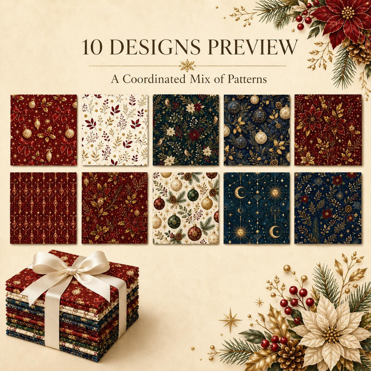 10pcs Charm Pack Set Christmas Pattern Vintage Style Handmade DIY with Rich Color and Texture Elements 100% Polyester Patchwork in 10 Design Styles Suitable for Patchwork DIY Craft Projects DIY Wallet Making Gift Giving Bag Making Mother's Day Gift