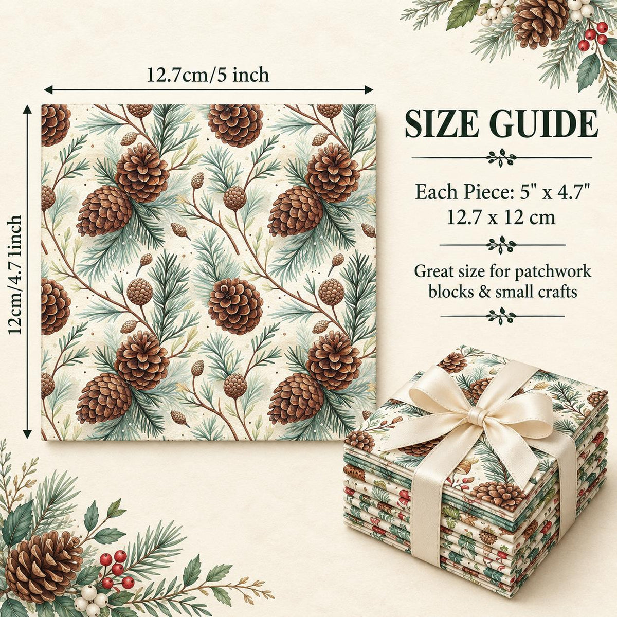 10Pc/Set Christmas Series Tree Mushroom Holly Pinecones Fat Quarter Fabric, Pre-Cut Square Fabric Assort, Fabric Set, Craft Fabric, Handmade DIY Patchwork Fabric,Home Quilting Sewing Fabric, Packaging Fabric, Scrapbooking Craft Hobbyist