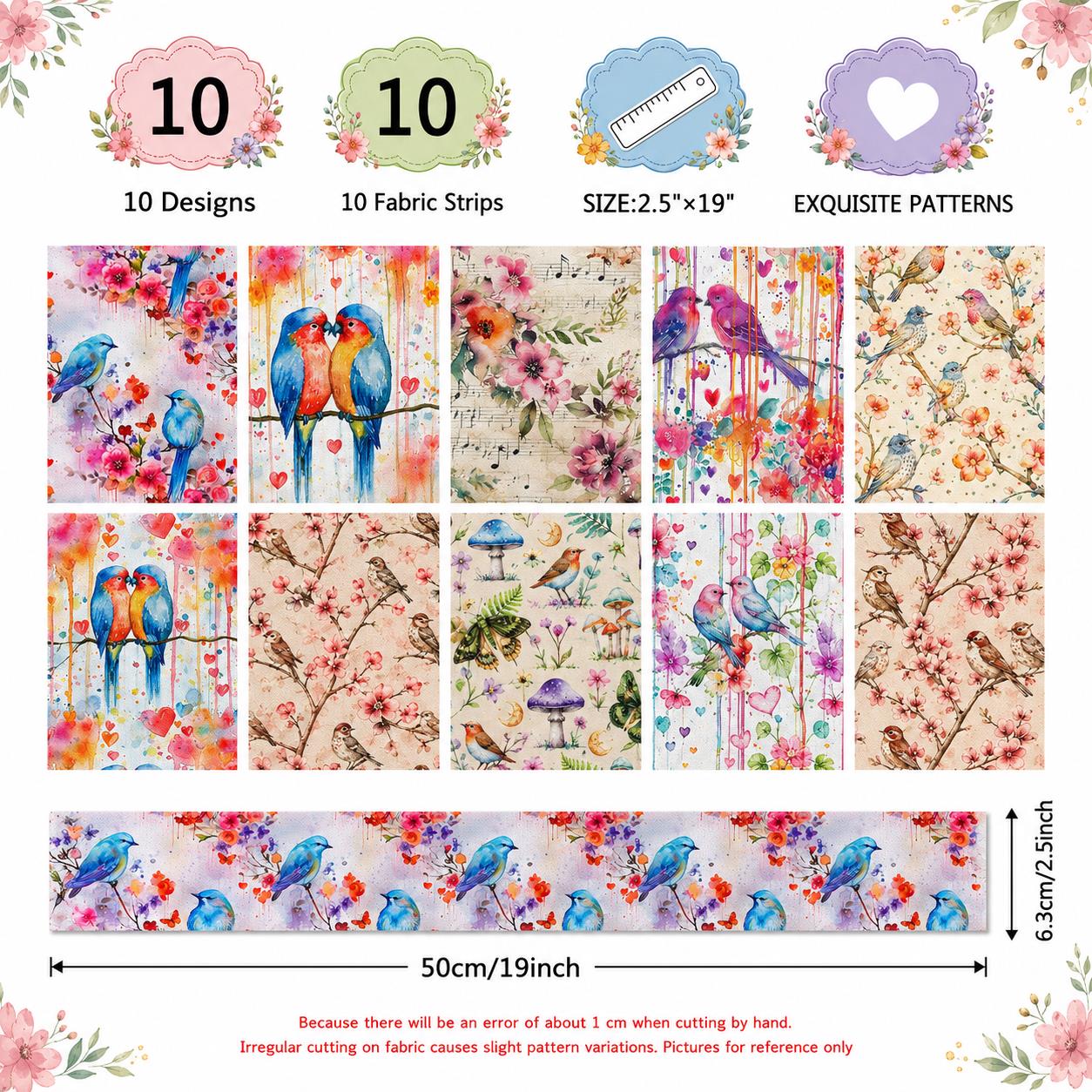 10Pc/Set, Making 10 Images 1pc Each, Each Size: 6.3*50cm Spring Bird Series Sliced Fabric Set Style Combination, Polyester Jelly Roll Fabric Strips, Pre-Cut Quilting Squares, For Quilting DIY, Handicrafts And Sewing, Blankets, Rugs, Interior Decoration