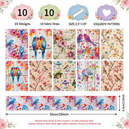 10Pc/Set, Making 10 Images 1pc Each, Each Size: 6.3*50cm Spring Bird Series Sliced Fabric Set Style Combination, Polyester Jelly Roll Fabric Strips, Pre-Cut Quilting Squares, For Quilting DIY, Handicrafts And Sewing, Blankets, Rugs, Interior Decoration