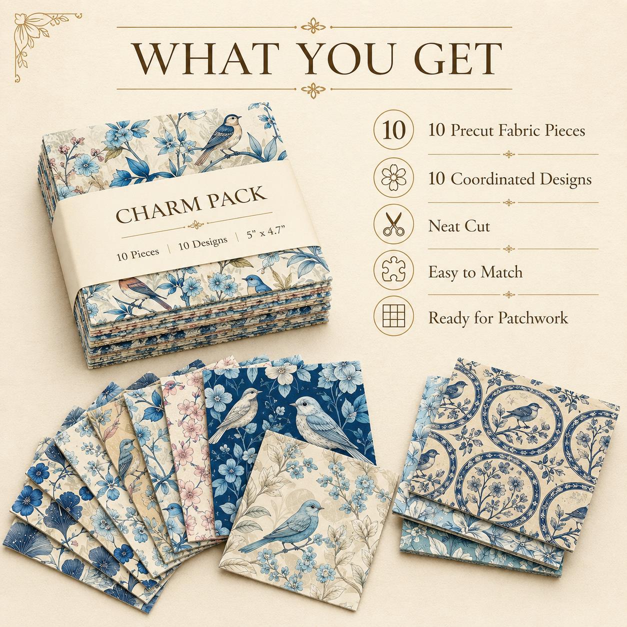 10pcs Charm Pack Set Floral Bird Vintage Style Pattern Handmade DIY with Rich Color and Texture Elements 100% Polyester Patchwork in 10 Design Styles Suitable for Patchwork DIY Craft Projects DIY Wallet Making Gift Giving Bag Making Mother's Day Gift