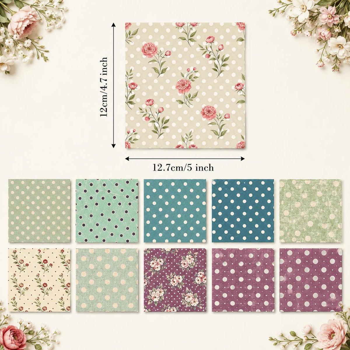 10pcs Charm Pack Set Floral Dot Pattern Vintage Style Handmade DIY with Rich Color and Texture Elements 100% Polyester Patchwork in 10 Design Styles Suitable for Patchwork DIY Craft Projects DIY Wallet Making Gift Giving Bag Making Mother's Day Gift