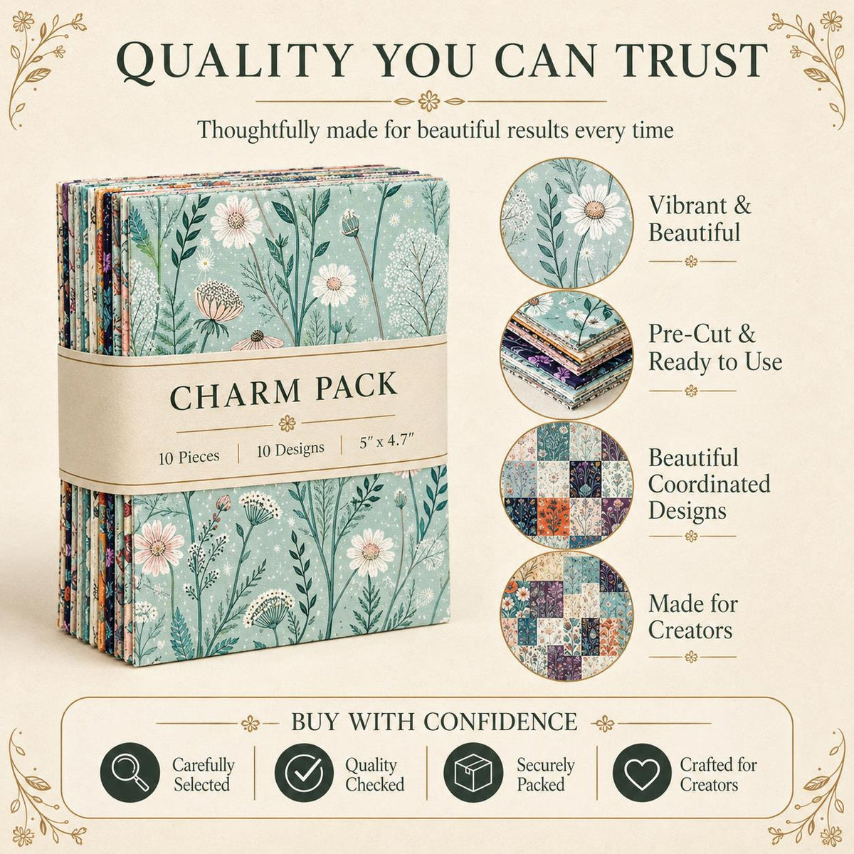 10pcs Charm Pack Set Floral Pattern Vintage Style Handmade DIY with Rich Color and Texture Elements 100% Polyester Patchwork in 10 Design Styles Suitable for Patchwork DIY Craft Projects DIY Wallet Making Gift Giving Bag Making Mother's Day Gift