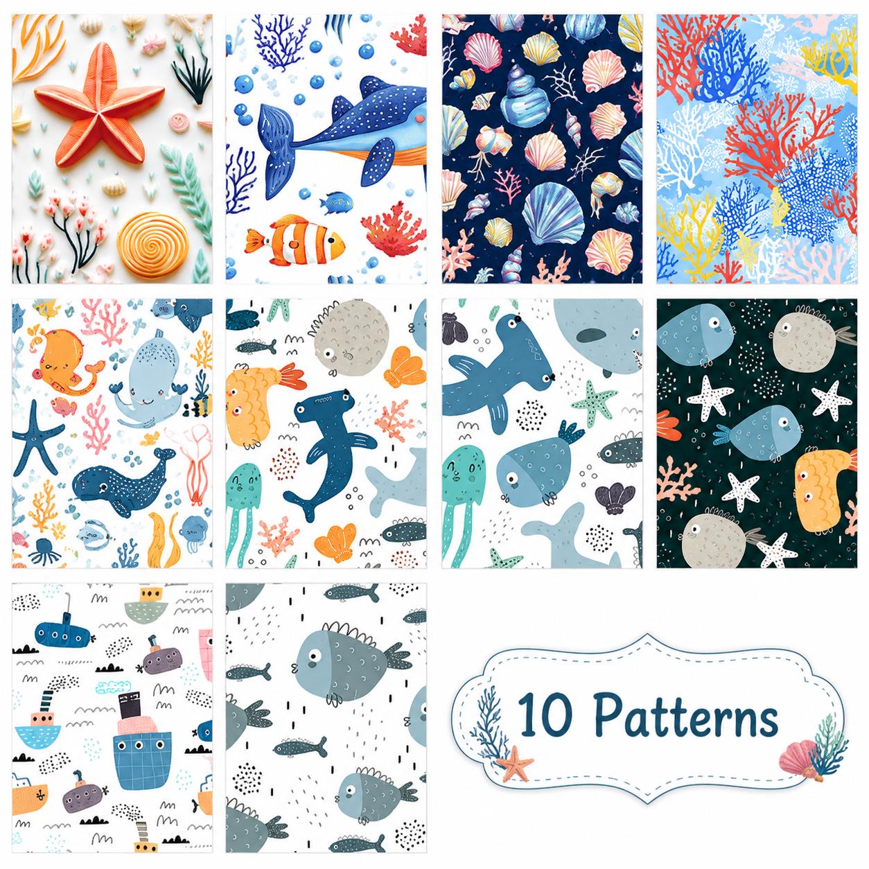10Pc/Set, Making 10 Images 1pc Each, Each Size: 6.3*50cm Coral Dolphin Jellyfish Ocean Series Sliced Fabric Set Style Combination, Polyester Jelly Roll Fabric Strips, Pre-Cut Quilting Squares, For Quilting DIY, Handicrafts And Sewing, Blankets, Rugs
