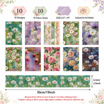10pcs Vintage Floral Painting Pattern Jelly Roll Fabric Strips 2.5X19.7inch Pre-cut 100% Polyester for Patchwork Quilts, Table Runners, Placemats, Tote Bags, Storage Pouches, Makeup Bags, Coasters, Quilt Blocks & Binding Multi-color