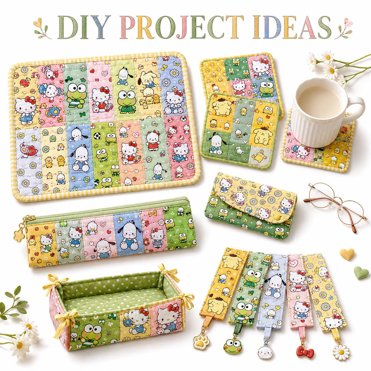 10pcs/Set, Making 10 Images 1pc Each, Each Size: 2.48*19.69inch Hello Kitty Pochacco Sanrio Series Sliced Fabric Set Style Combination, Polyester Jelly Roll Fabric Strips, Pre-Cut Quilting Squares, for Quilting DIY, Handicrafts And Sewing, Blankets, Rugs