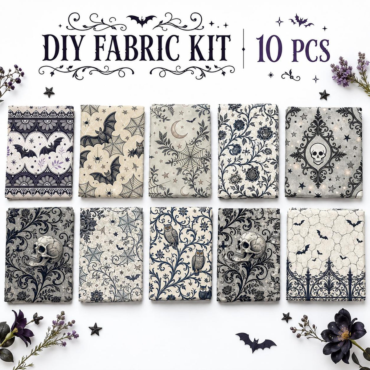 10Pc/Set Halloween Design Fat Quarter Fabric Set, Pre-Cut Square Craft Fabric with skull Cat Pumpkin Bat Design, Handmade DIY Patchwork Fabric for Home Quilting Sewing, Scrapbooking Craft, Holiday Decor