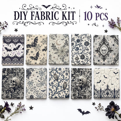 10Pc/Set Halloween Design Fat Quarter Fabric Set, Pre-Cut Square Craft Fabric with skull Cat Pumpkin Bat Design, Handmade DIY Patchwork Fabric for Home Quilting Sewing, Scrapbooking Craft, Holiday Decor