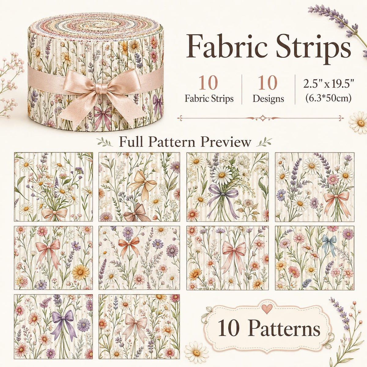 10pcs Vintage Floral Pattern Jelly Roll Fabric Strips 2.5X19.7inch Pre-Cut 100% Polyester For Patchwork Quilts, Table Runners, Placemats, Tote Bags, Storage Pouches, Makeup Bags, Coasters, Quilt Blocks & Binding
