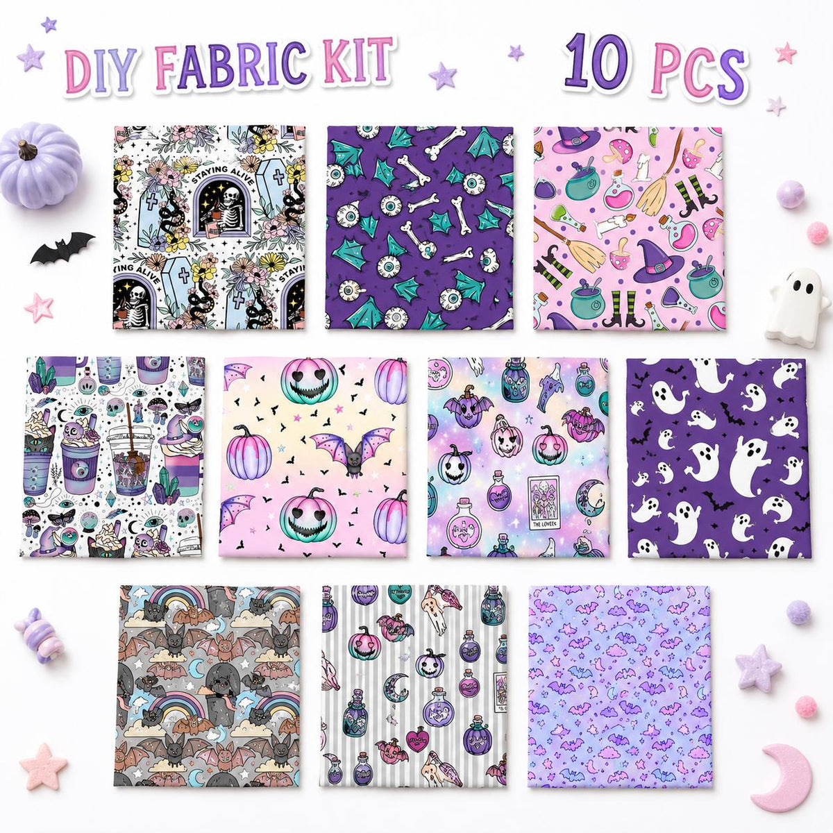 10Pc/Set Halloween Series Flower Butterfly Pumpkin Fat Quarter Fabric, Pre-Cut Square Fabric Assort, Fabric Set, Craft Fabric, Handmade DIY Patchwork Fabric,Home Quilting Sewing Fabric, Packaging Fabric, Scrapbooking Craft Hobbyist