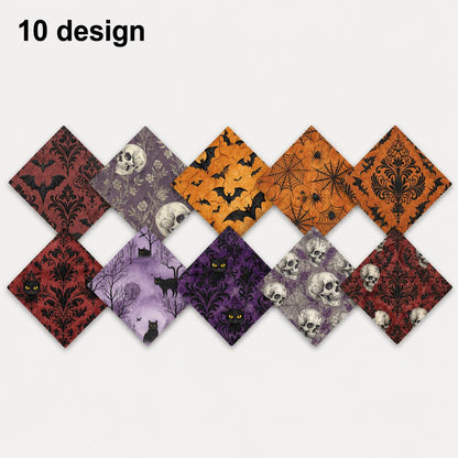 10Pc/Set Halloween Series Flower Skull Spider Web Bat Fat Quarter Fabric, Pre-Cut Square Fabric Assort, Fabric Set, Craft Fabric, Handmade DIY Patchwork Fabric,Home Quilting Sewing Fabric, Packaging Fabric, Scrapbooking Craft Hobbyist