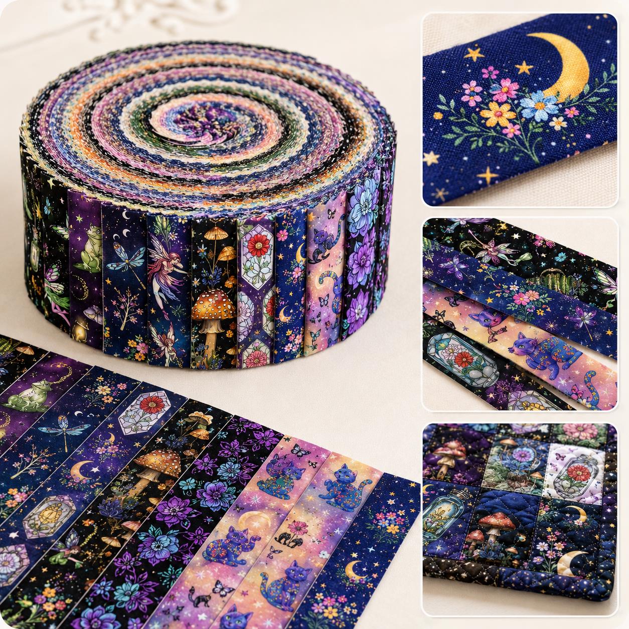 10pcs Vintage Moon Cat Bottle Night Pattern Jelly Roll Fabric Strips 2.5X19.7inch Pre-cut 100% Polyester for Patchwork Quilts, Table Runners, Placemats, Tote Bags, Storage Pouches, Makeup Bags, Coasters, Quilt Blocks & Binding Halloween Gift